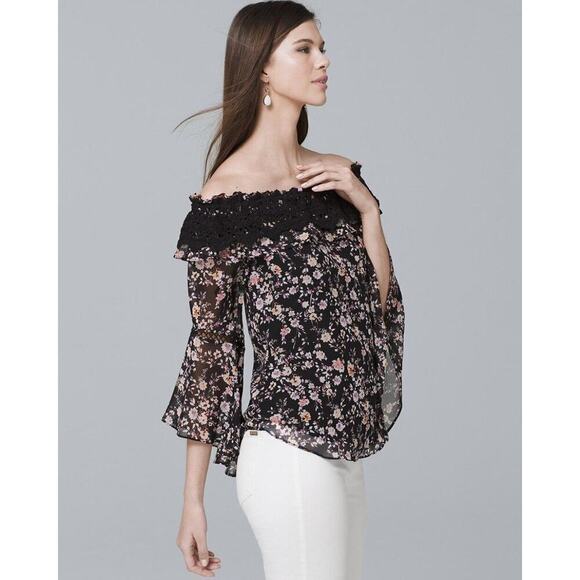 WHBM Womens Lace Floral Crochet Trim Off The Shoulder Lined Blouse M - Picture 1 of 5
